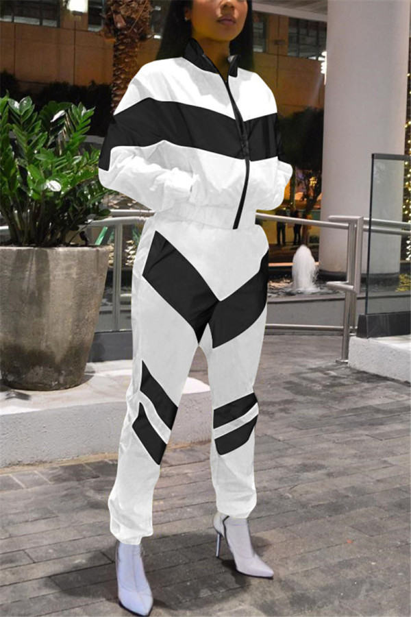 Black And White Fashion Casual Patchwork Patchwork Zipper Collar Long Sleeve Two Pieces