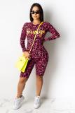 rose red Fashion Casual adult Letter Print Leopard Two Piece Suits pencil Long Sleeve Two-Piece Sh