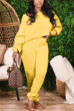 Yellow Fashion Solid Split Joint One Shoulder Long Sleeve Two Pieces