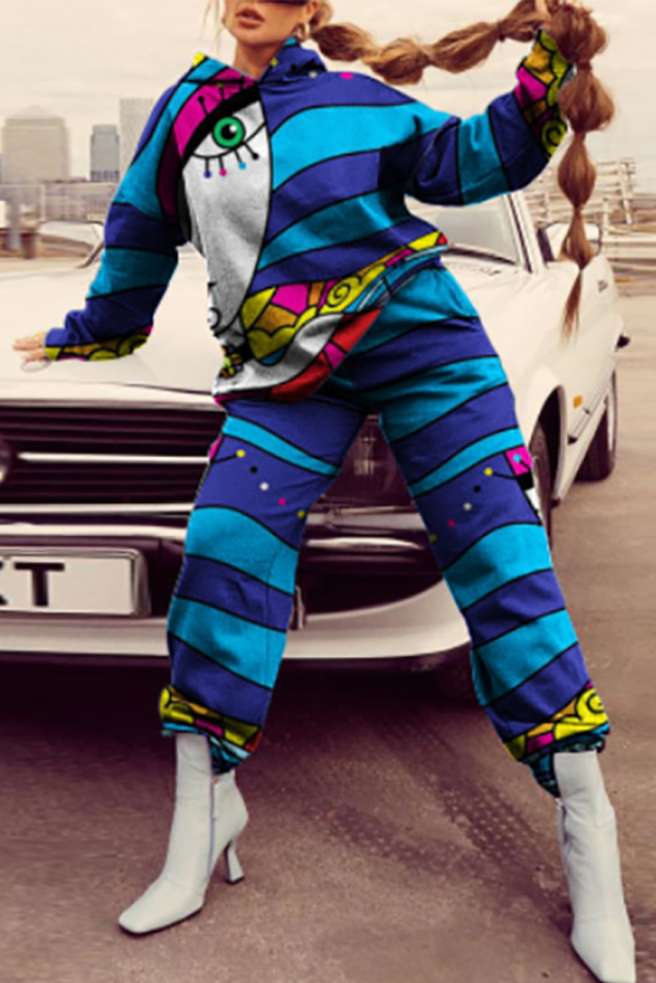 Multicolor Casual Print Patchwork Hooded Collar Long Sleeve Two Pieces