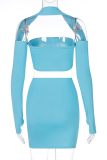 Blue Casual Solid Split Joint Half A Turtleneck Long Sleeve Two Pieces
