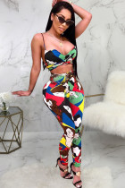 multicolor Polyester Sexy Patchwork Two Piece Suits Print Straight Sleeveless Two-piece Pants Set