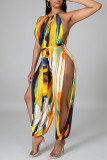 Yellow Fashion Sexy Print Tie Dye Slit O Neck Regular Jumpsuits