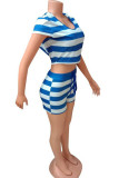 Blue Fashion adult England Ma'am Striped Print Two Piece Suits pencil Short Sleeve Two Pieces