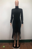 Black Street Solid Tassel Turtleneck Long Sleeve Dress Dresses