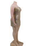 Champagne Sexy Sequined Solid Sequins Spaghetti Strap A Line Plus Size 
