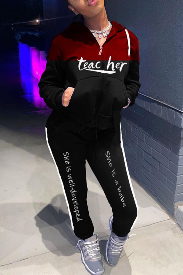 Black Casual Patchwork Embroidered Hooded Collar Long Sleeve Two Pieces