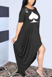 Black OL Short Sleeves Asymmetrical Ankle-Length Print asymmetrical Dresses
