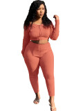 Pink Polyester Sexy ruffle Two Piece Suits Solid pencil Long Sleeve Two-piece Pants Set