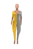 Yellow Fashion Casual Patchwork Backless O Neck Regular Jumpsuits