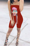 Red Sexy Casual Print Backless Strapless Skinny Romper