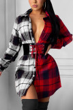 Grey Sexy Plaid Patchwork Shirt Collar A Line Dresses