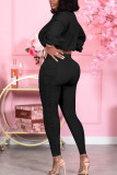 Pink Casual Solid Fold Turndown Collar Long Sleeve Two Pieces