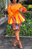 Tangerine Red Sexy Solid Patchwork Bateau Neck Pleated Dresses