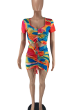 Tangerine Red Sexy Print Patchwork V Neck Short Sleeve Two Pieces