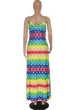 Red Fashion Sexy Spaghetti Strap Sleeveless Slip Pleated Floor-Length Print asymmetrical Patchwork