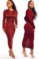 Wine Red Polyester Street Fashion adult Cap Sleeve Long Sleeves O neck Pencil Dress Mid-Calf Solid bandage Pa