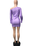 purple Fashion Street Adult Print Letter Oblique Collar Long Sleeve Mini Printed Dress Dresses