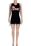 Dark Blue adult Sexy Fashion Ma'am Tank Sleeveless V Neck Pencil Dress Mini Character Print hollow o