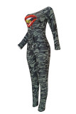 Grey Sexy Casual Print Lips Printed Camouflage Print Off the Shoulder Regular Jumpsuits