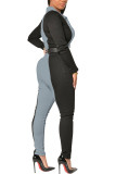 Grey Fashion Sexy Adult Patchwork Solid Patchwork Turndown Collar Skinny Jumpsuits