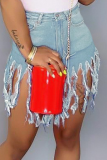 Blue Denim Button Fly Zipper Fly Mid Solid Patchwork Tassel Straight shorts