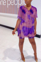 purple Polyester Fashion Sexy adult Ma'am Print Tie Dye Two Piece Suits pencil Short Sleeve Two Pieces