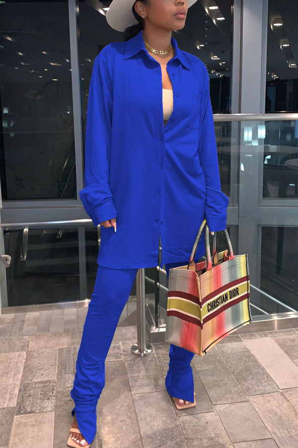 Blue Daily Solid Asymmetrical Shirt Collar Long Sleeve Two Pieces