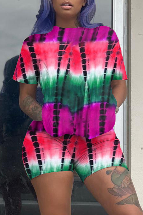 Red Fashion Casual Tie Dye Printing O Neck Short Sleeve Two Pieces