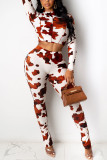 Brown Casual Print Patchwork O Neck Long Sleeve Two Pieces