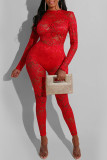 Red Fashion Sexy Solid See-through O Neck Skinny Jumpsuits