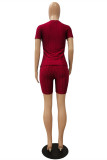 Burgundy Fashion Casual Letter Embroidered O Neck Short Sleeve Two Pieces