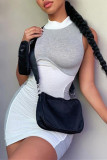 Grey Fashion Sexy Patchwork Half A Turtleneck Sleeveless Dress