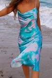 Pink Sexy Print Patchwork Spaghetti Strap Pencil Skirt Dresses