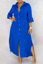 Blue Casual Solid Split Joint Turndown Collar Dresses