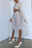 White Sexy Solid Ripped Hollowed Out Patchwork O Neck Long Sleeve Two Pieces