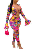 colour Fashion Sexy Adult Print Hollowed Out V Neck Skinny Jumpsuits