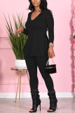 Black Fashion Sexy Adult Polyester Solid Split Joint V Neck Long Sleeve Regular Sleeve Regular Two Pieces