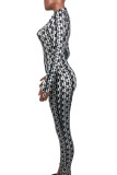 Black And White Casual Print O Neck Skinny Jumpsuits