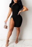 Black Sexy Casual Solid Slit Zipper Half A Turtleneck Short Sleeve Dress