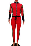 Red Elastic Fly Mid Patchwork pencil Pants Two-piece suit