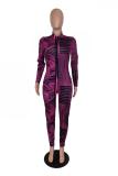 rose red Sexy Fashion Patchwork Print zipper Long Sleeve V Neck