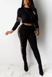 Black Casual Leopard Patchwork O Neck Long Sleeve Two Pieces