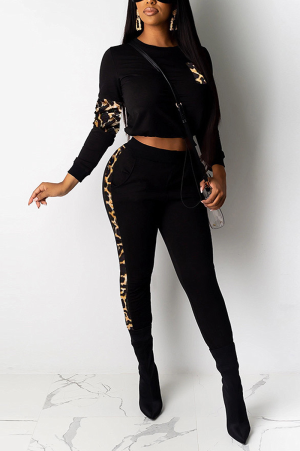 Black Casual Leopard Patchwork O Neck Long Sleeve Two Pieces