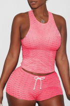 Pink Sexy Solid Backless O Neck Sleeveless Two Pieces
