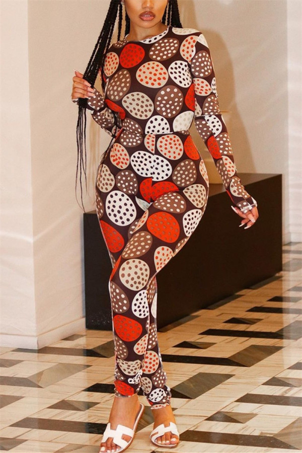 Brown Fashion Casual Print Basic O Neck Regular Jumpsuits