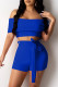 Blue Sexy Casual Solid Backless Bateau Neck Short Sleeve Two Pieces