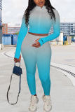 Blue Casual Print Letter Turndown Collar Long Sleeve Two Pieces