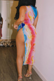 Colour Fashion Sexy Print Slit Half A Turtleneck Sleeveless Dress