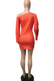 Orange Fashion Street Adult Print Letter Oblique Collar Long Sleeve Mini Printed Dress Dresses